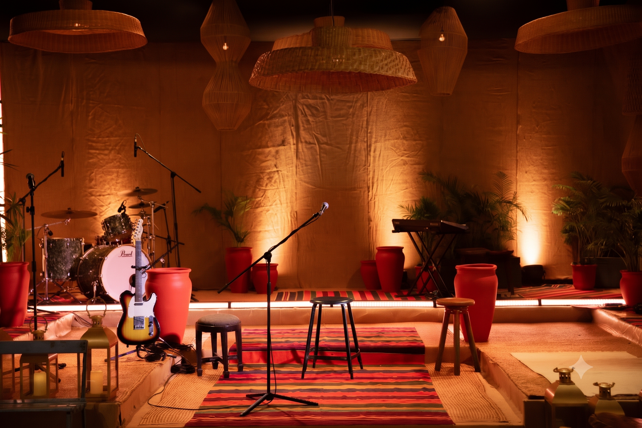 The Aangan stage from the audience, warm tungsten light, woven lamps, and instruments arranged for an intimate concert.